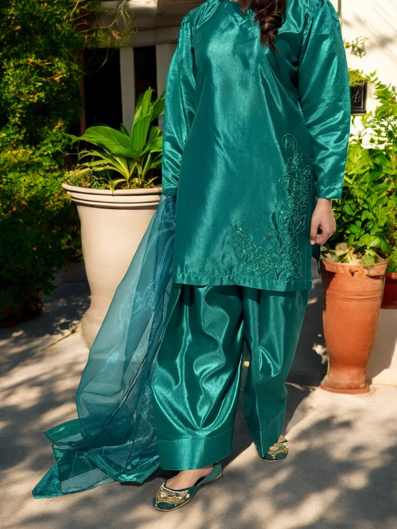 3-Piece Raw Silk Farshi Shalwar Set