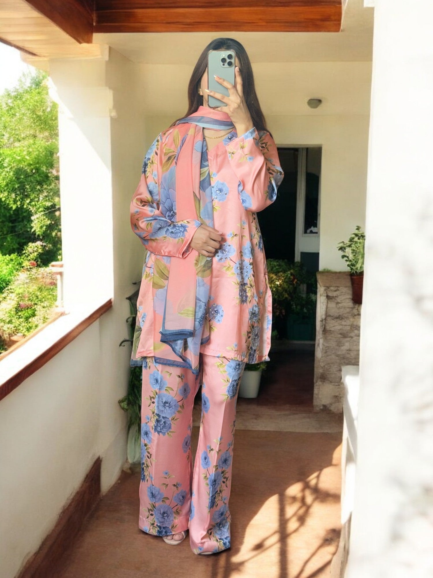 3PC Stitched Embroidered Silk Suit with Chiffon Dupatta