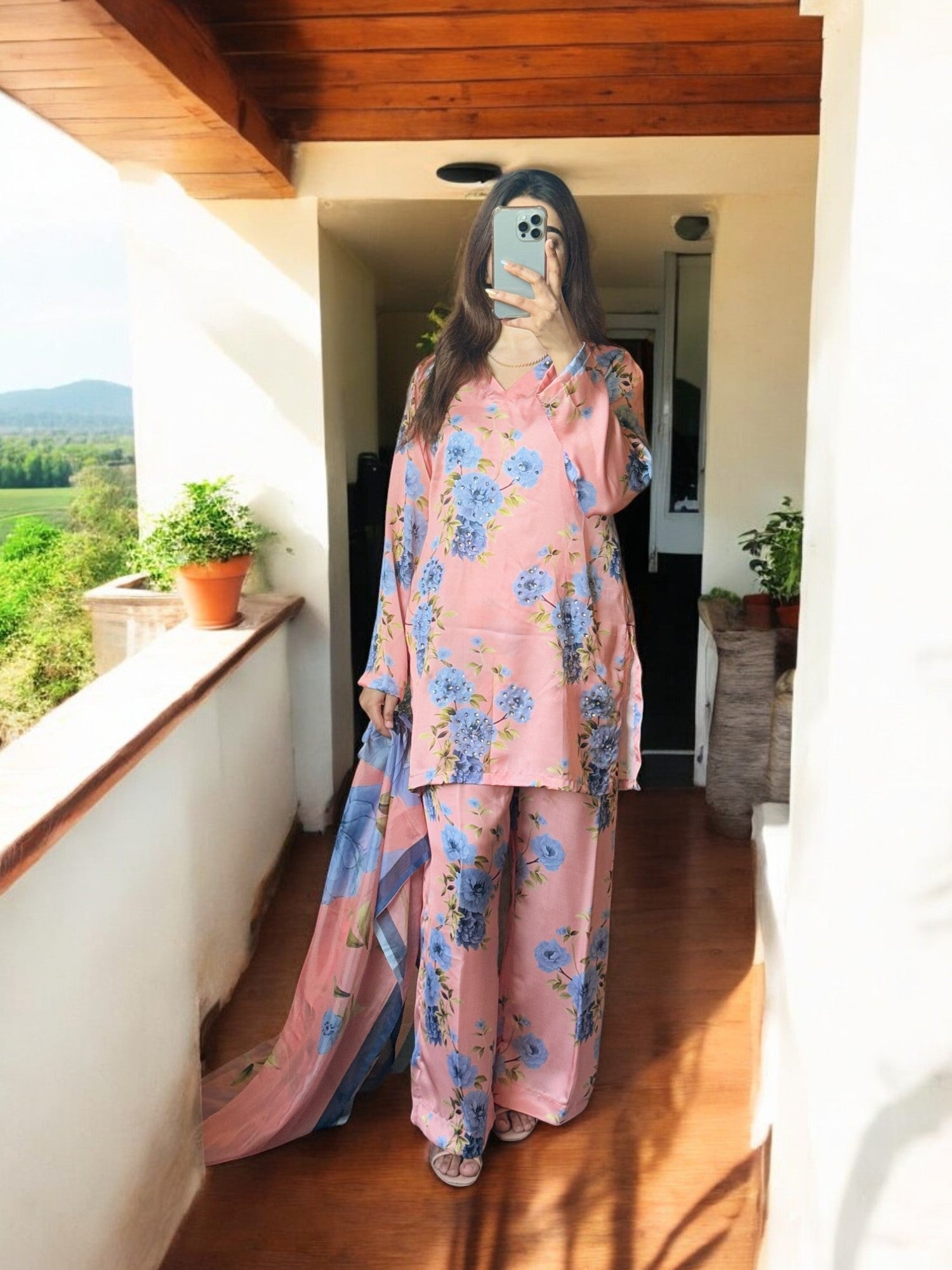 3PC Stitched Embroidered Silk Suit with Chiffon Dupatta