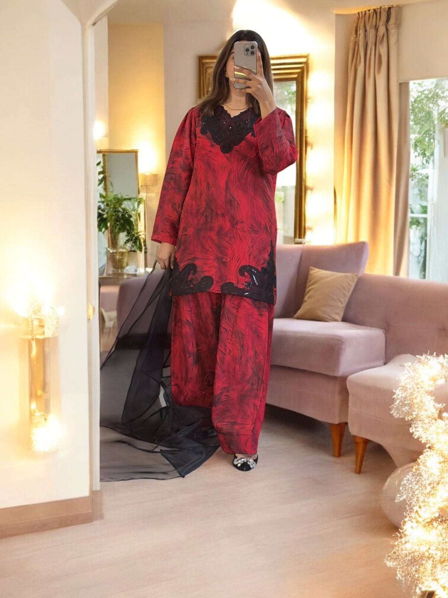 3-Piece Stitched Silk Set with Embroidery – Farshi Shalwar